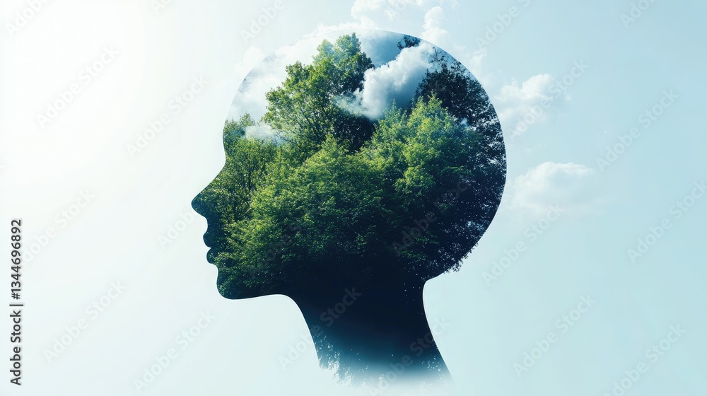 A human head silhouette filled with trees and clouds, symbolizing green thinking. Space for text on a minimalistic background. A human head silhouette filled with trees and clouds, symbolizing green thinking. Space for text on a minimalistic background.