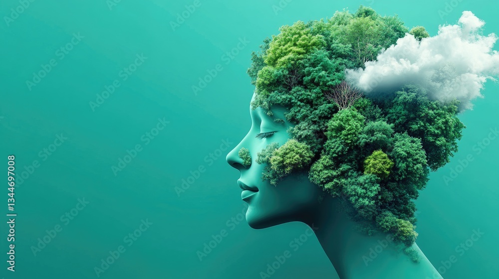 A human head silhouette filled with trees and clouds, symbolizing green thinking. Space for text on a minimalistic background. A human head silhouette filled with trees and clouds, symbolizing green thinking. Space for text on a minimalistic background.