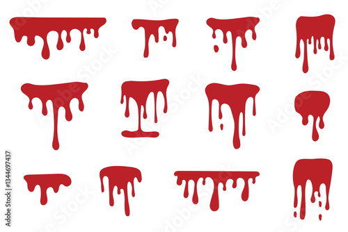 Halloween blood splatter and drip. Bleeding splatter and bloody silhouettes. Red paint dripping. Horror decorative elements. Vector illustration in flat style on white background.