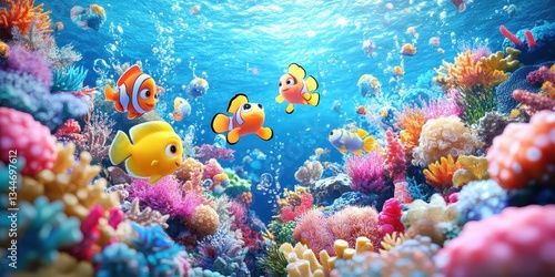 Colorful cartoon fishes swim near vibrant coral reefs underwater