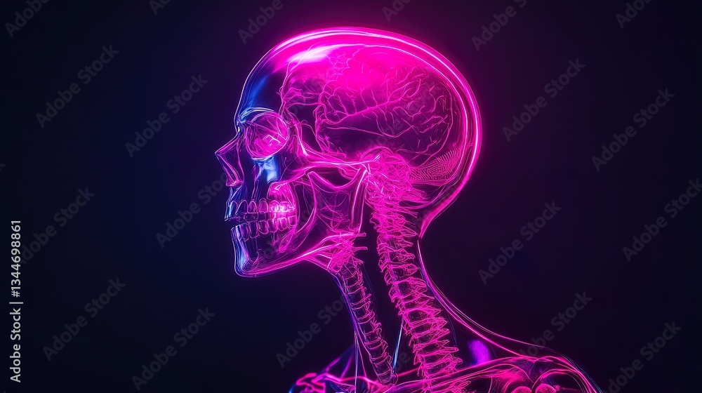 Anatomy of the human skeleton, artistic neon light outline, dark background for contrast Anatomy of the human skeleton, artistic neon light outline, dark background for contrast