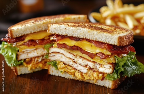 Gourmet Grilled Sandwich With Layered Meats and Cheese Served With Fries