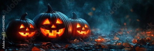 Spooky Halloween Pumpkins Glowing in the Night With Fallen Leaves Around