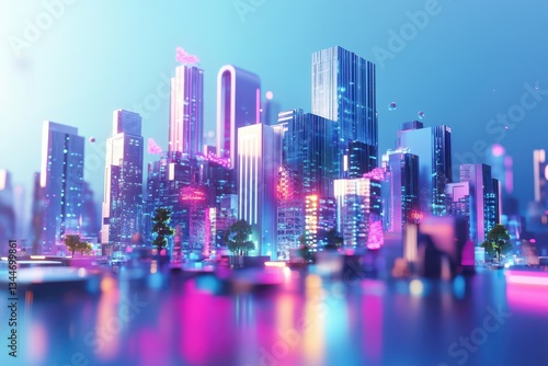 Futuristic cityscape illuminated with vibrant lights and glossy reflections