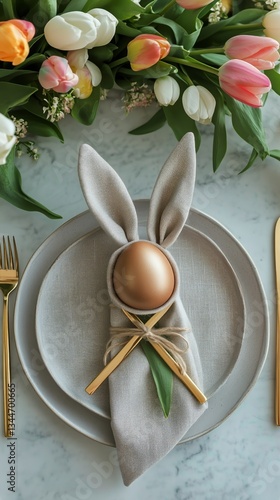 Creative Easter Table Setting With Bunny Napkin, Egg, and Elegant Cutlery