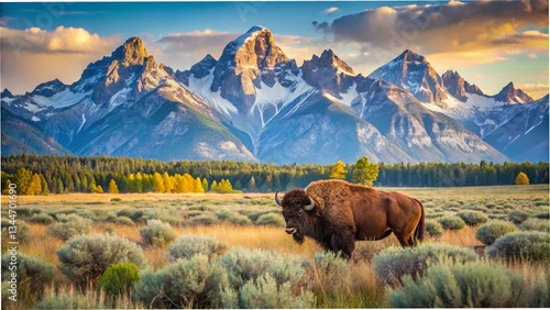 Bison in front of grand teton mountain range with grass in foreground