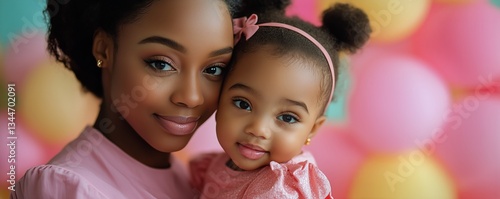 Smiling Mother and Daughter Share a Joyful Moment With Pink Background and Wa...