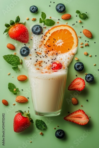 Refreshing Smoothie With Fresh Fruits and Nuts on a Vibrant Green Background