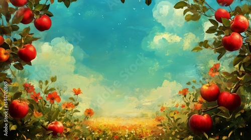 Bountiful Apple Orchard at Sunset With Vibrant Colors and Lush Greenery