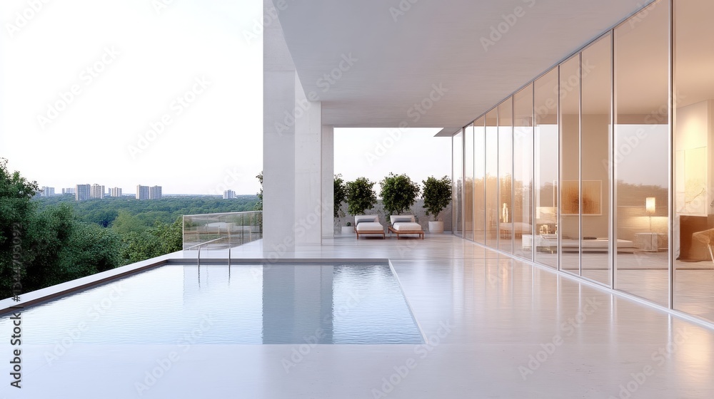Fototapeta premium Modern penthouse with pool and patio. Spacious, minimalist design offering city views