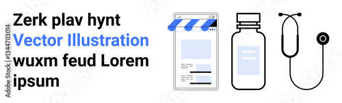 Mobile e-commerce storefront, medicine bottle, and stethoscope combine themes of technology, healthcare, and online shopping. Ideal for telehealth, pharmacy delivery, or simple landing page