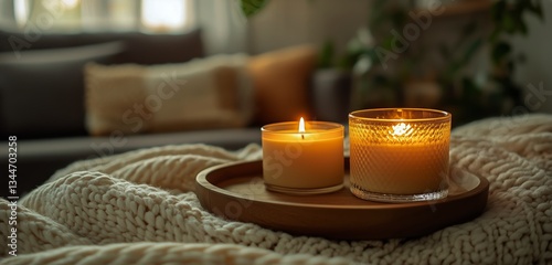 Cozy Evening With Glowing Candles on a Textured Blanket in a Softly Lit Livin...