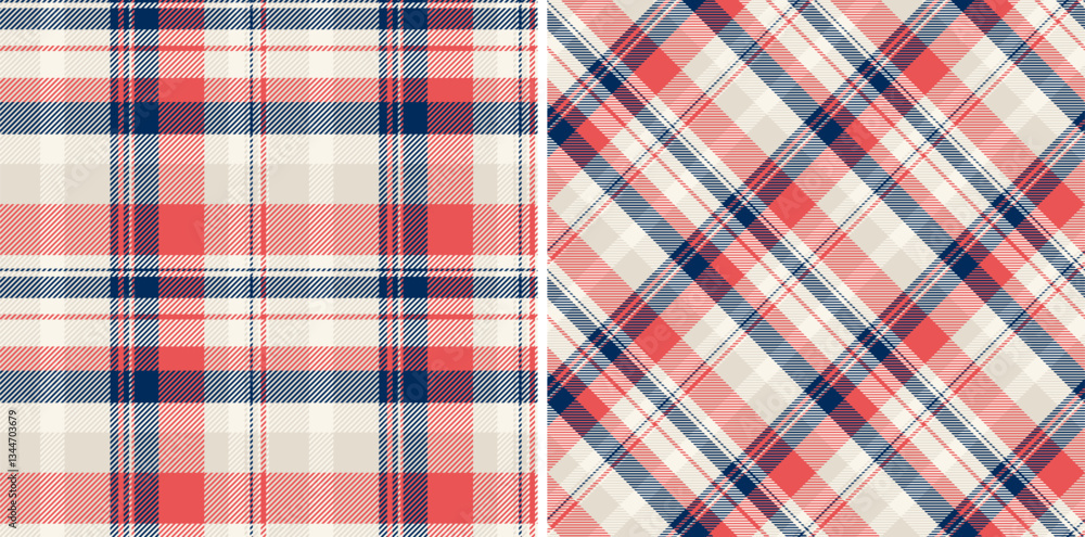 Two vibrant plaid patterns in coral, beige, and navy. Perfect for textile design, apparel, home decor, and website backgrounds. Two vibrant plaid patterns in coral, beige, and navy. Perfect for textile design, apparel, home decor, and website backgrounds.