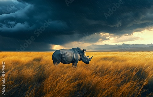 Rhino Standing in Golden Grass Under Ominous Stormy Sky in Desert Landscape