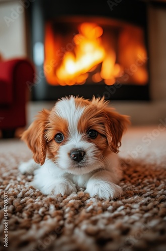 Cozy Puppy Relaxing by the Fireplace in a Warm Living Room During Winter