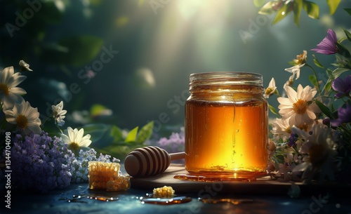 Honey Jar Surrounded by Flowers in a Serene, Sunlit Garden