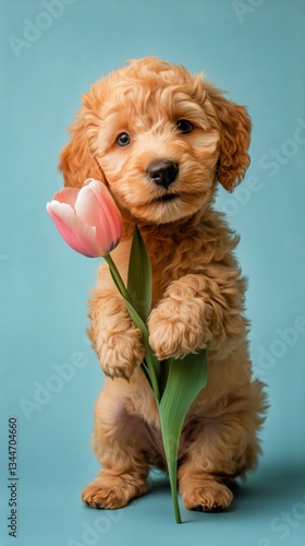 Cute Puppy Holding a Pink Tulip Against a Blue Background in a Bright, Cheerf...