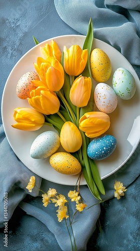 Colorful Easter Eggs and Tulips Arranged on a Plate for Festive Celebration i...