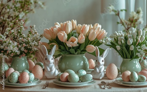 Colorful Spring Decorations With Flowers and Easter Eggs Create a Festive Atm...