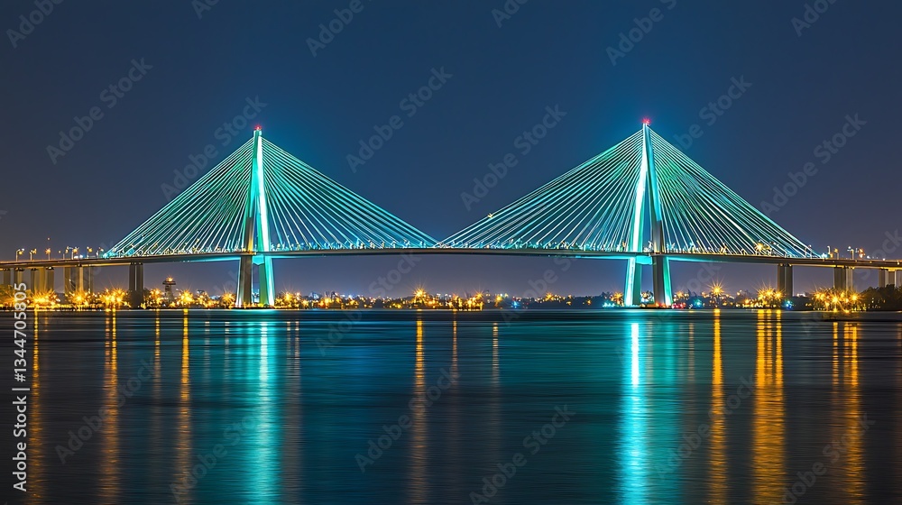 Obraz premium Illuminated cable-stayed bridge at night over water