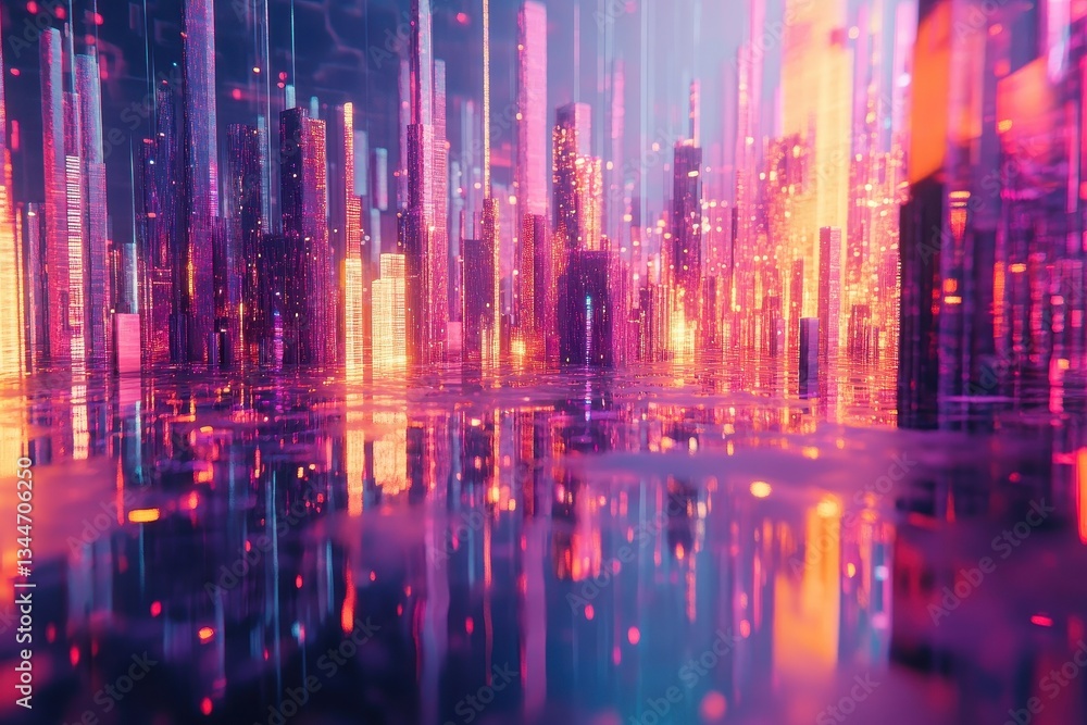 Obraz premium A vibrant colorful cityscape with reflections and illuminated structures