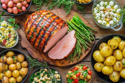 Delicious Holiday Feast Featuring Glazed Ham, Fresh Salads, and Roasted Veget...