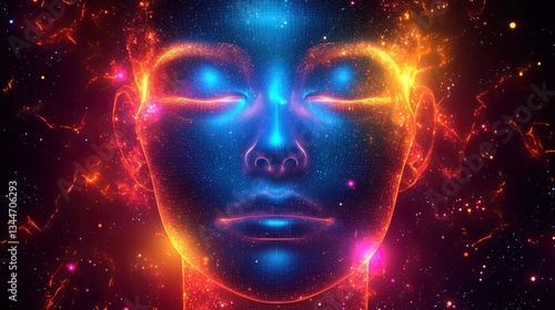 Wallpaper Mural Abstract face surrounded by glowing neon shapes, symbolizing clear mind and mindfulness   Torontodigital.ca