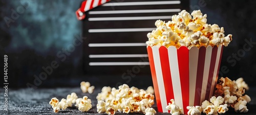 Popcorn in Striped Container on Dark Surface With Scattered Kernels and Clapp...
