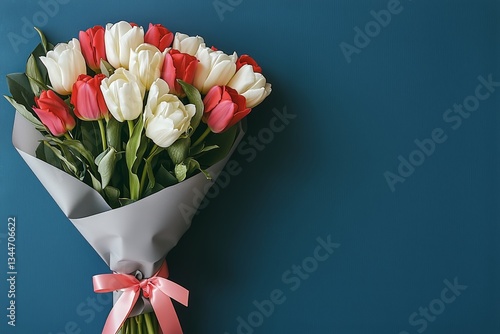 Colorful Tulip Bouquet Wrapped in Paper With a Ribbon on a Blue Background