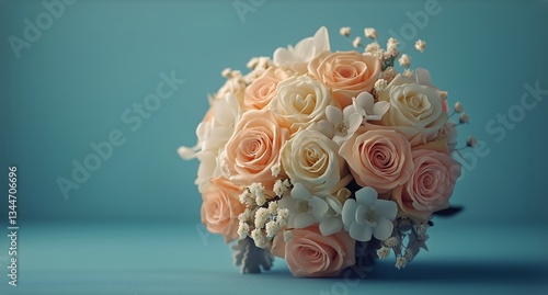 Wedding Bouquet With Pink and White Roses on a Blue Background in Soft Light