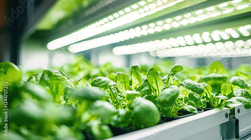 Close-up of plants growing in an automated vertical farming system, precise lighting illuminating the crops