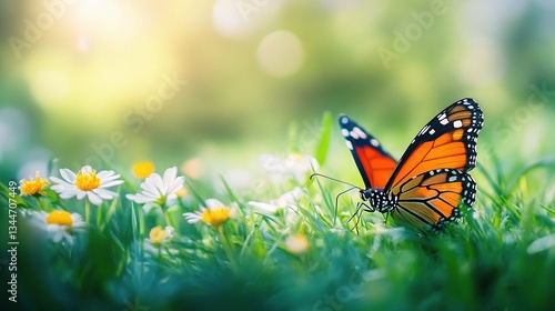Bright Spring Scene with Butterfly on Green Grass and Flowers