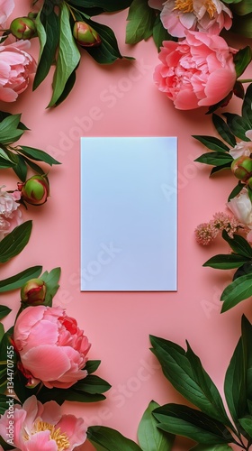 Fresh Pink Peonies Surround a Blank Card on a Soft Pink Background Ready for ...