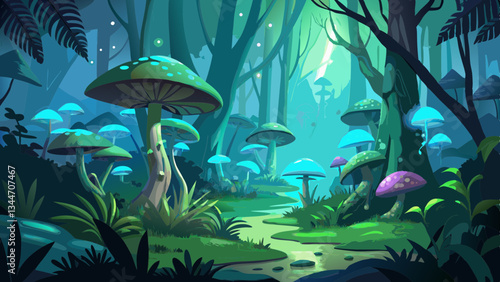 Magical deep forest scene illuminated by the soft glow of bioluminescent mushrooms and moss covered ground A mystical fantastical landscape with a serene ethereal atmosphere