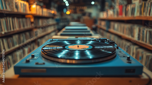Vintage turntable with vinyl records in the library. 