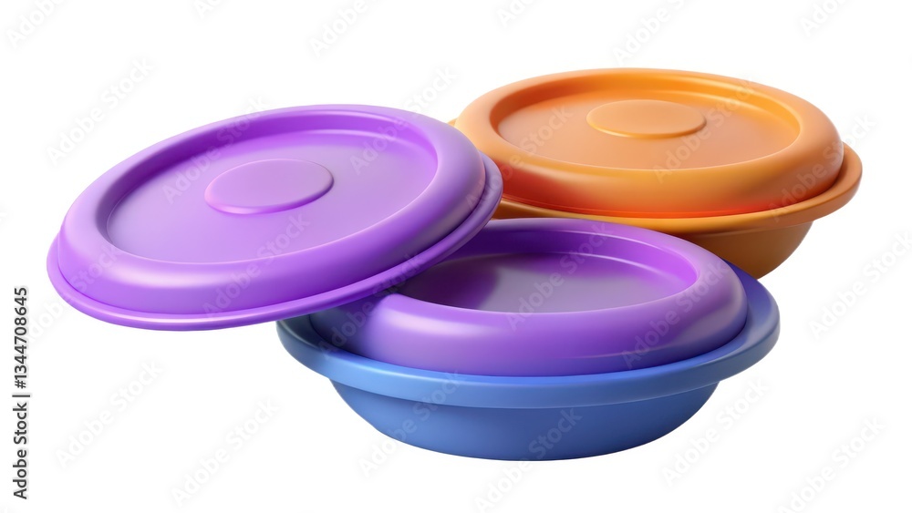 Stacked Plastic Bowls with Lids on White Background Stacked Plastic Bowls with Lids on White Background