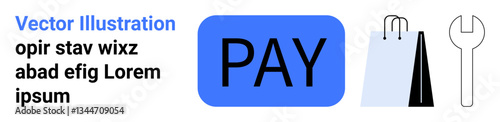 Large blue PAY button, shopping bags, and wrench represent payments, e-commerce, and settings. Ideal for online shopping, mobile apps, payment systems, business finance setups simple landing page