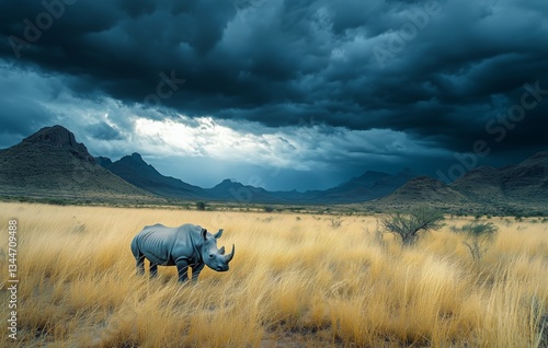 Rhino Standing in Golden Grass Under Ominous Stormy Sky in Desert Landscape