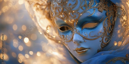 Elegant Blue Mask Adorned With Gold Details at a Masquerade Event During Twil...