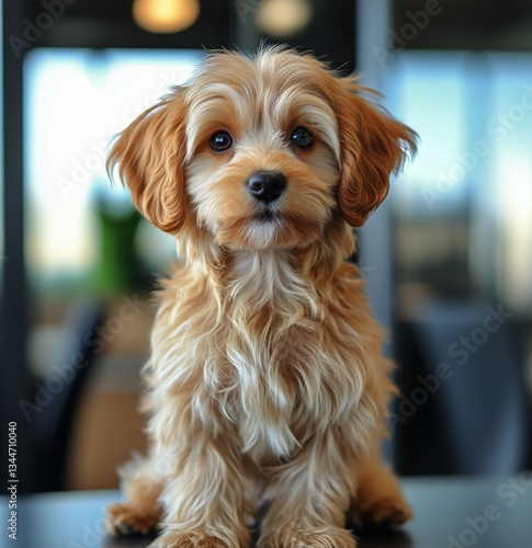 Cute Fluffy Dog Sitting in Modern Office Environment During Daytime