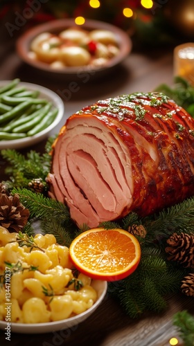 Holiday Feast Display Featuring Glazed Ham and Side Dishes on a Festive Table...