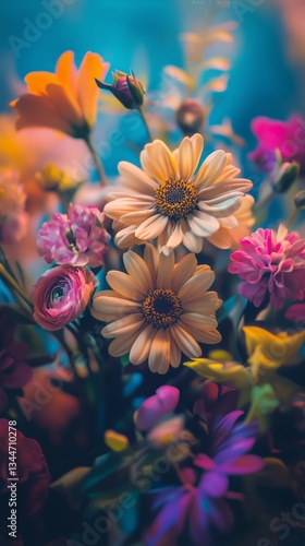Vibrant Floral Arrangement Featuring Various Colorful Blossoms Against a Dram...