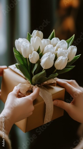 Gift of White Tulips in a Beautifully Wrapped Box Handed Over in a Cozy Indoo...