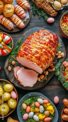 Delicious Easter Feast With Glazed Ham, Colorful Eggs, and Seasonal Sides on ...