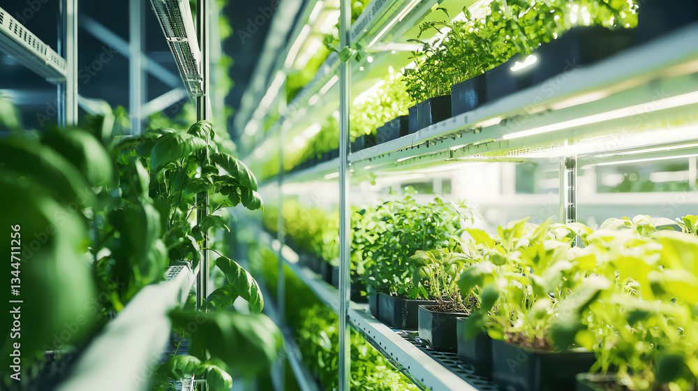 Futuristic vertical farming facility with automated plant care systems, vibrant herbs growing in layers Futuristic vertical farming facility with automated plant care systems, vibrant herbs growing in layers