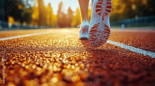 Runner on Orange Track Under Golden Sunlight at a Sports Facility in the Evening