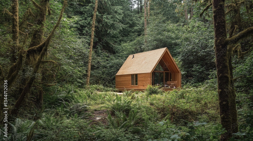 Charming Wooden Cabin Nestled Amidst Lush Green Wilderness Surrounded by Tall Trees and Vibrant Ferns