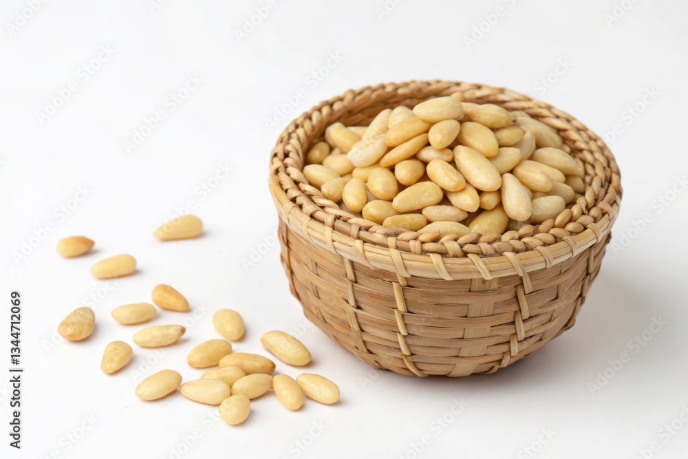 Pine Nuts in Woven Basket on White Background, Ideal for Healthy Snack Mockups or Food Ingredient Themes, Featuring Scattered Nuts and Isolated Shot, Natural Texture Pine Nuts in Woven Basket on White Background, Ideal for Healthy Snack Mockups or Food Ingredient Themes, Featuring Scattered Nuts and Isolated Shot, Natural Texture