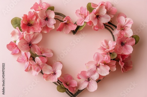 Beautiful Heart-Shaped Arrangement of Pink Flowers on Soft Pink Background Cr...