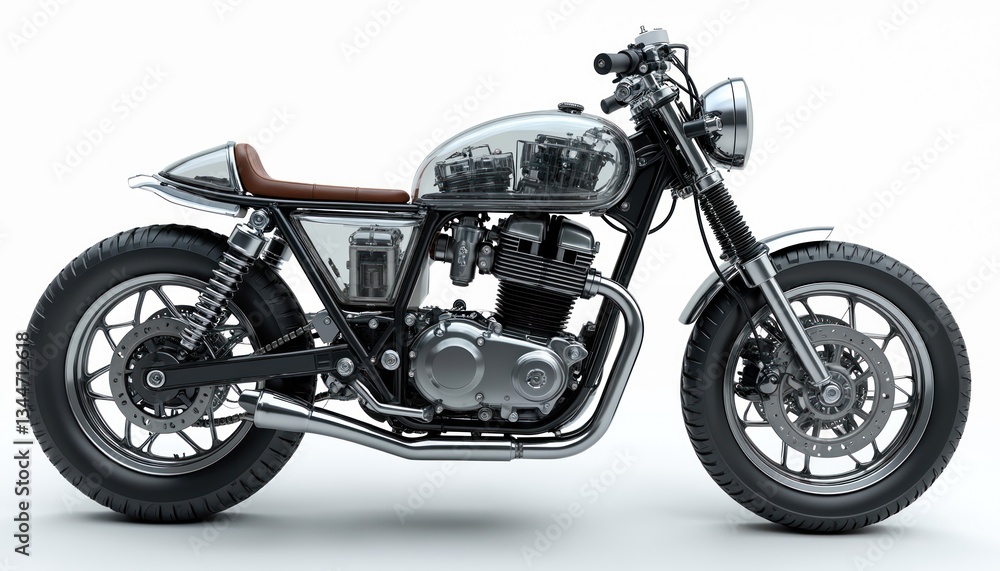 Transparent X-Ray view of custom-built Cafe Racer motorcycle. Detailed 3D render of engine, frame, components. Perfect for engineering, machine-building projects, internal mechanics of vintage Transparent X-Ray view of custom-built Cafe Racer motorcycle. Detailed 3D render of engine, frame, components. Perfect for engineering, machine-building projects, internal mechanics of vintage